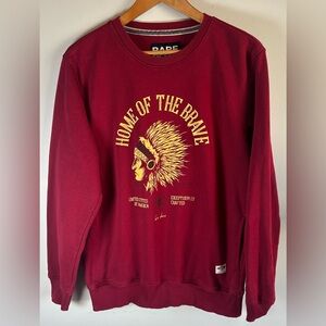 Bare Denim Men's Red Pullover Sweatshirt Sz L Home Of The Brave Indian Chief USA